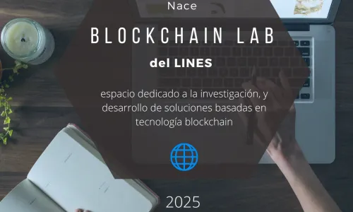 notebook de fondo, y arriba un cartel con título Blockchain Lab y el ícono de mundo.